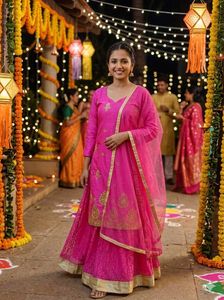 Vibrant Pink Lace Ethnic Skirt