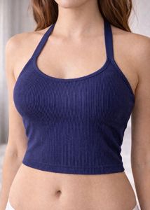 Navy Halter Ribbed Crop Top