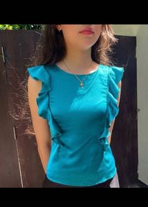 Elegant Teal Satin Top with Ruffle Sleeves