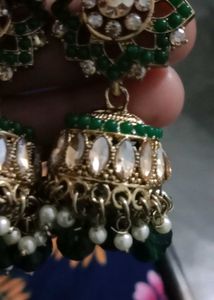 Elegant Green Jhumka Earrings with kaanchain