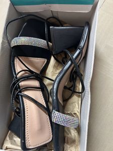 Black Lace-Up Sandals with Rhinestone Detail