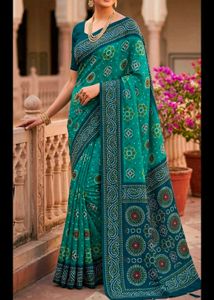 Teal Green Printed Bandhani Sari with blouse piece
