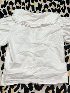 Chic White Puff Sleeve Ruffle Collar Top