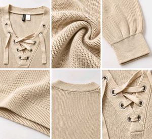 CREAM LACE-UP V-NECK KNIT TOP