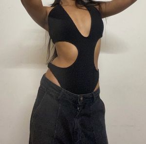 Sexy Black Textured Cut-Out One Piece