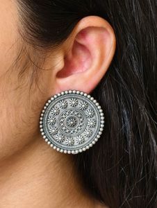 Oxidised Silver Round Ethnic Earrings