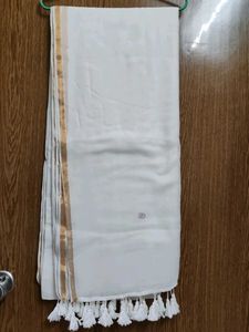 Elegant White Saree small zari border with Tassels