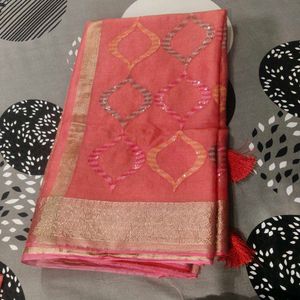 Elegant Coral Saree with Sequins