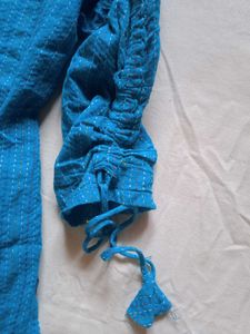Blue Cotton Kurta with Tassel Sleeves