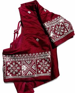 Maroon Blouse With White Embroidery.