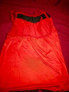 Red Satin Pajama Set with Black Lace