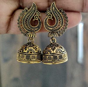 Antique Gold Peacock Jhumka Earrings