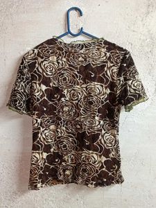 Brown Floral Print Top Layered Multicolored