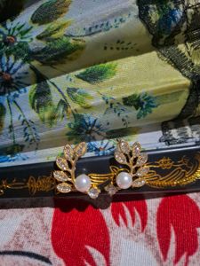 Elegant Pearl & Crystal Leaf Earrings
