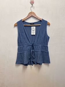 Blue Crinkle Tie-Front Peplum Top
