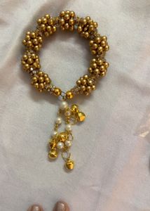 Elegant Gold Beaded Bracelet with Pearl Dangles