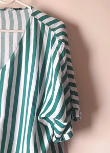Green &amp; White Striped Tie-Front Top
