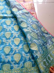 All Over Zari Work Half-Half Saree| Cyan Blue-Pink