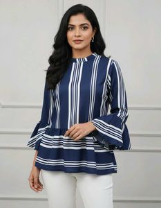 Striped Navy Blue Bell Sleeve Top