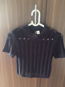 Black Cropped Mesh Knit Top
