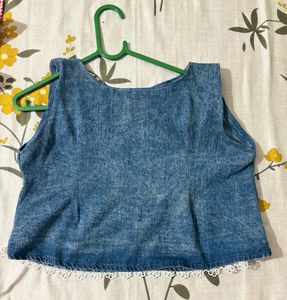 Denim Sleeveless Top with Lace Trim