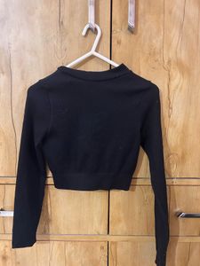 Black Ribbed Zip-Up Cropped Sweater