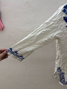 White Kurta with Blue Embroidery