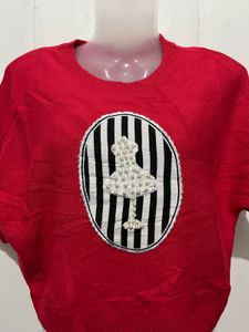 Red Short Sleeve Top with Embellishment
