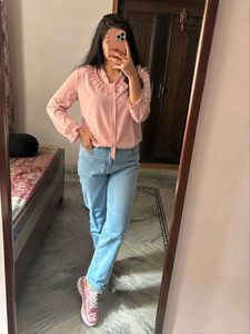Chic Pink Collared Tie-Up Blouse