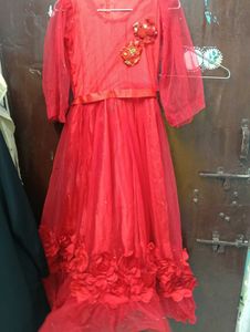 Stunning Red Net Gown with Floral Embellishments