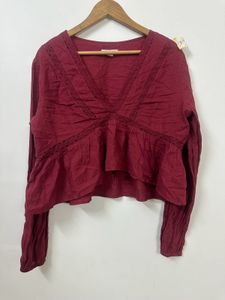 Maroon Lace Trim Peplum Top