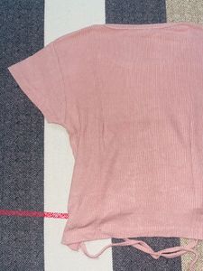 Pink Ribbed Knit Crop Top with Tie Detail