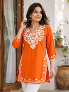 Orange Embroidered Cotton Kurta