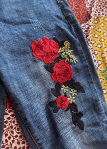 Embroidered Ripped Blue Jeans