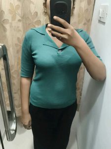 Teal Ribbed Collared Knit Top
