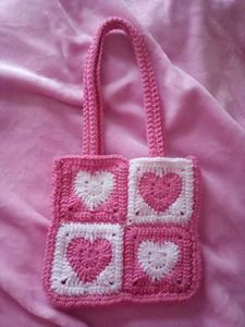 Pink Crochet Heart Granny Square Bag