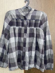 Checked Smocked Button-Up Top 38 size