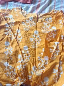 Yellow Floral Print Cotton Kurta