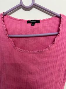Pink Ribbed Frill-Sleeve Top