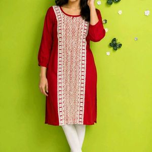 Red Kurta with White Lace Detail