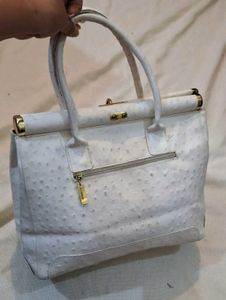 White Ostrich Embossed Handbag