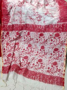 white and pink cotton batik print saree