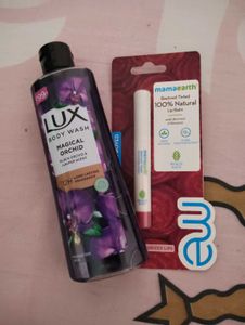 Lux Body Wash & Mamaearth Lip Balm and shampoo