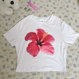 White T-Shirt with Pink Hibiscus Print