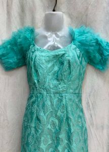 Elegant Teal Brocade Gown