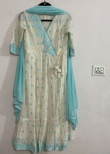 Cream Anarkali Kurta with Blue Embroidery
