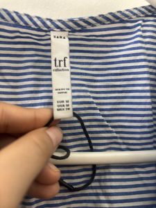 Zara Blue Striped Cotton Embroidered Top