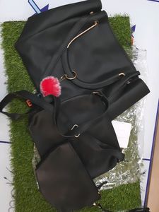 💥 Black Women Handbag with Sling Bag Golden Chain Bag Coin Pouch (Set of 3) -