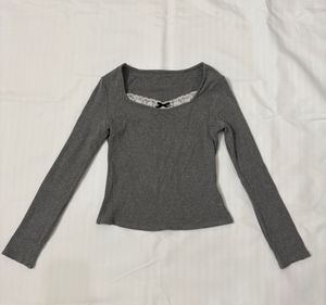 savana Grey Ribbed Lace Trim Top with Bow