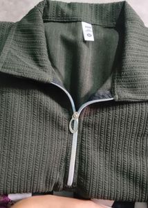 Green Ribbed Zip Neck Top